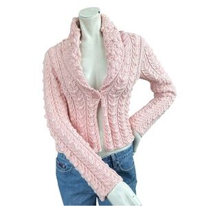 Y2K DKNY Baby Pink Popcorn Chunky Knit Collared Single Button Cardigan Small